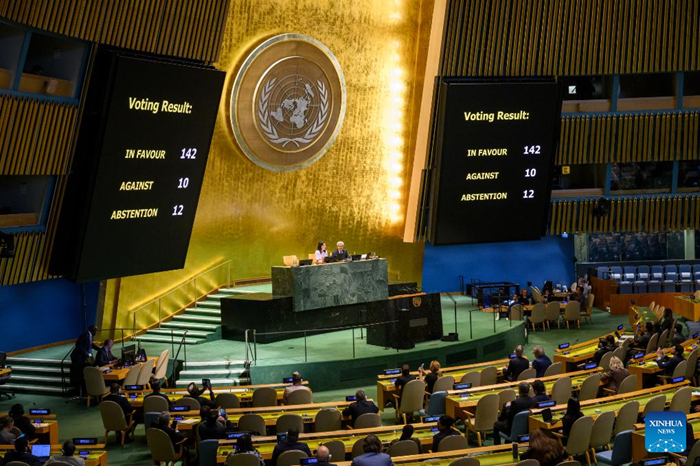 The UN General Assembly (UNGA) on Friday adopted a draft resolution endorsing the New York Declaration on the Peaceful Settlement of the Question of Palestine and the Implementation of the Two-State Solution. The UNGA passed the resolution by a recorded vote of 142 in favor, 10 against and 12 abstentions. (UN Photo/Handout via Xinhua)