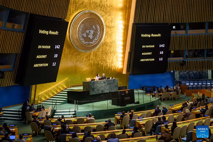 The UN General Assembly (UNGA) on Friday adopted a draft resolution endorsing the New York Declaration on the Peaceful Settlement of the Question of Palestine and the Implementation of the Two-State Solution. The UNGA passed the resolution by a recorded vote of 142 in favor, 10 against and 12 abstentions. (UN Photo/Handout via Xinhua)