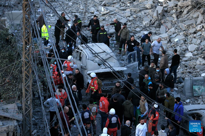 Rescuers work at the site of the Islamic Group's offices destroyed by Israeli airstrikes in Sidon, southern Lebanon, March 3, 2026. (Photo: Xinhua)