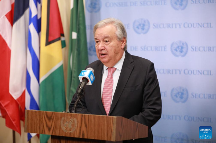 UN Secretary-General Antonio Guterres speaks to the press outside the Security Council Chamber at the UN headquarters in New York, Aug. 28, 2025. Guterres said Thursday that Israel's initial steps to militarily take over Gaza City signal a new and dangerous phase with devastating consequences. (Photo: Xinhua)