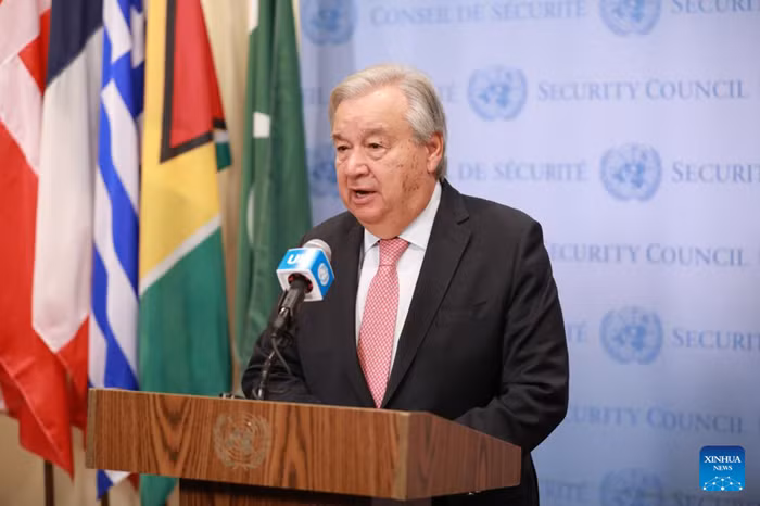 UN Secretary-General Antonio Guterres speaks to the press outside the Security Council Chamber at the UN headquarters in New York, Aug. 28, 2025. Guterres said Thursday that Israel's initial steps to militarily take over Gaza City signal a new and dangerous phase with devastating consequences. (Photo: Xinhua)