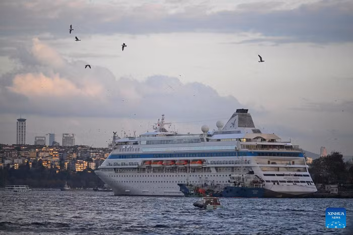 This file photo taken on Nov. 24, 2025 shows the cruise ship Astoria Grande docked in Istanbul, Türkiye. Foreign tourist arrivals in Türkiye reached 2.8 million in November, highlighting the country's sustained tourism growth, as the total number of foreign visitors reached 50.06 million in the first 11 months of the year, according to statistics released by the Ministry of Culture and Tourism on December 22. (Photo: Xinhua)