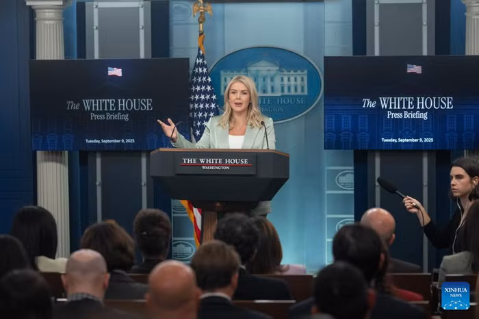 White House Press Secretary Karoline Leavitt speaks during a press briefing at the White House in Washington, D.C., the United States, on Sept. 9, 2025. The White House on Tuesday described Israel's attack in the Qatari capital of Doha as "unfortunate," saying that U.S. President Donald Trump feels "very badly" about the attack. (Photo: Xinhua)