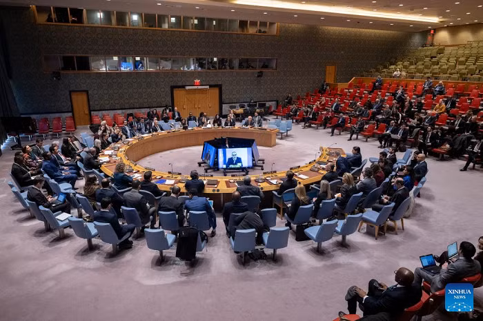 UN Deputy Special Coordinator for the Middle East Peace Process Ramiz Alakbarov (on screens) speaks via a video link at a Security Council meeting at the UN headquarters in New York, Jan. 28, 2026. Alakbarov said Wednesday that there might be a turning point for Gaza, with both profound opportunity and considerable risk. (Manuel Elias/UN Photo/Handout via Xinhua)