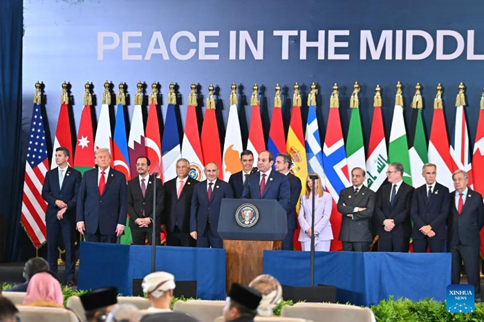 Egyptian President Abdel Fattah al-Sisi (C) addresses the summit on ending the Gaza war in Sharm el-Sheikh, Egypt, Oct. 13, 2025. A summit on ending the Gaza war kicked off here Monday, which witnessed the signing of the recently-reached ceasefire deal between Israel and Hamas. (Egyptian Presidency/Handout via Xinhua)