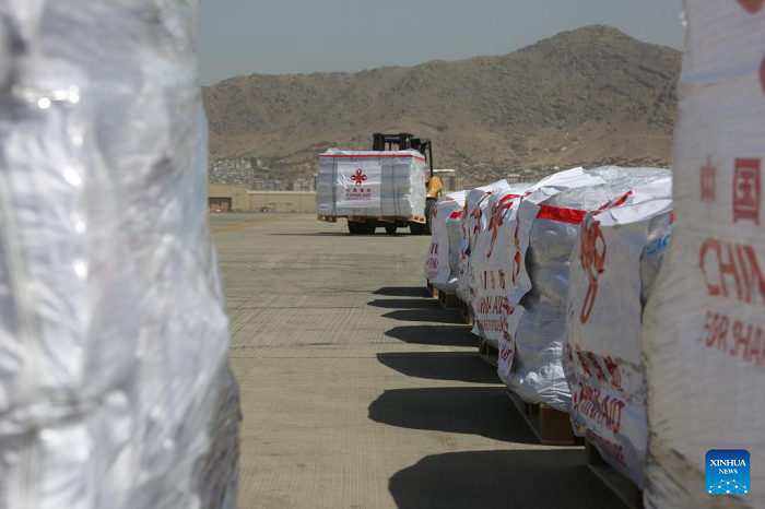 Emergency earthquake relief supplies provided by the Chinese government to Afghanistan are unloaded onto the tarmac at the Kabul Airport, in Kabul, Afghanistan, Sept. 7, 2025. (Photo: Xinhua)