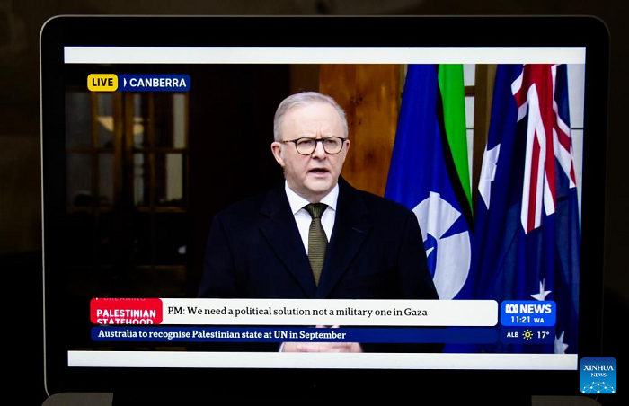 This laptop screen shows a broadcast of Australian Prime Minister Anthony Albanese's press conference on Aug. 11, 2025. Albanese said on Monday that Australia will officially recognize the State of Palestine at the 80th session of the United Nations General Assembly in September. (Photo: Xinhua)