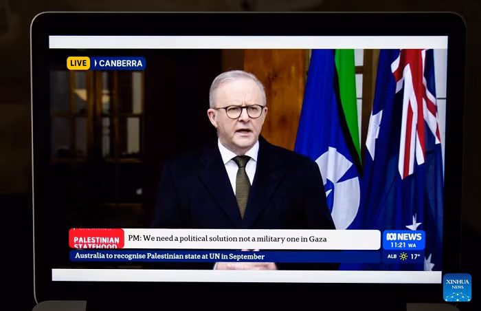 This laptop screen shows a broadcast of Australian Prime Minister Anthony Albanese's press conference on Aug. 11, 2025. Albanese said on Monday that Australia will officially recognize the State of Palestine at the 80th session of the United Nations General Assembly in September. (Photo: Xinhua)