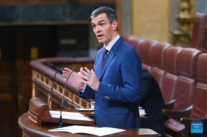 Spanish Prime Minister Pedro Sanchez speaks at the Congress of Deputies in Madrid, Spain, March 25, 2026. Sanchez on Wednesday reiterated his opposition to the war in Iran, which has spread across the Middle East, criticizing the military actions of the United States and Israel. (Photo: Xinhua)