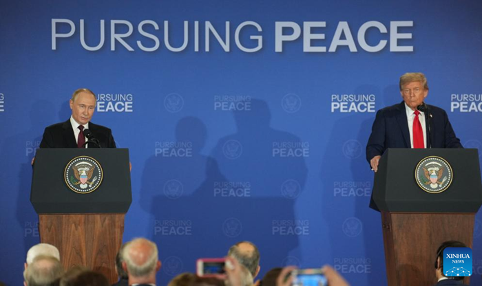 U.S. President Donald Trump (R) and Russian President Vladimir Putin attend a joint press conference after concluding their talks in Anchorage, Alaska, the United States, on Aug. 15, 2025. The talks, held at Joint Base Elmendorf-Richardson in the city of Anchorage, lasted about three hours. (Photo: Xinhua)