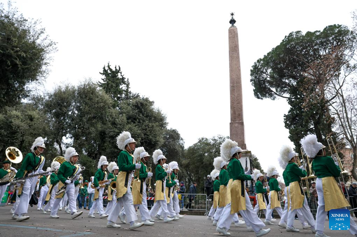 Band musicians march during the new year parade in Rome, Italy, Jan. 1, 2026. (Photo: Xinhua)