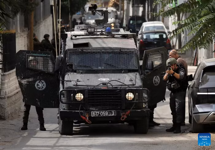 Members of Israeli forces are seen during a military operation in Balata refugee camp, east of Nablus in the northern West Bank, on Aug. 11, 2025. (Photo: Xinhua)