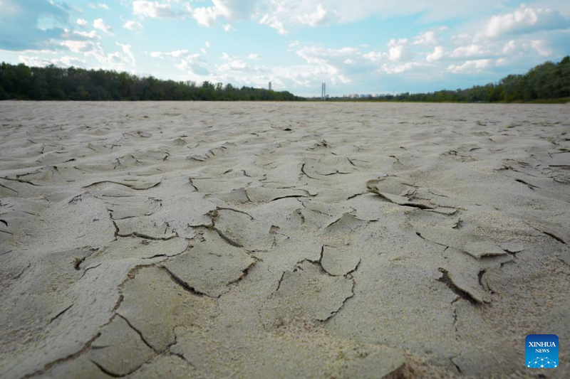 This photo taken on Aug. 26, 2025 shows the cracked riverbed of the Vistula River in Warsaw, Poland. The lowest water level on record was observed Monday on the Vistula River at the Warsaw-Bulwary hydrological station, the Institute of Meteorology and Water Management (IMGW) reported. (Photo: Xinhua)