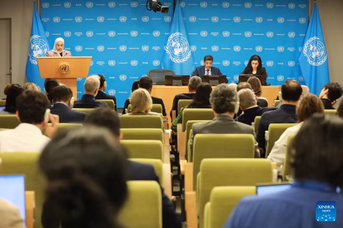 Jamal Fares Alrowaiei (C, Rear), Bahrain's permanent representative to the United Nations, holds a press briefing at the UN headquarters in New York, on April 1, 2026. The UN Security Council will focus on the Middle East in April, taking up issues concerning Iran, Lebanon, Gaza and the West Bank, Alrowaiei, also president of the council for the month, said Wednesday. (Xinhua)