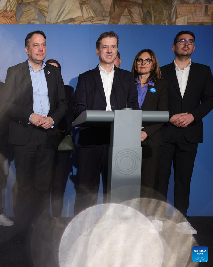 Slovenia's Prime Minister Robert Golob (front C) delivers a statement at the National Assembly of Slovenia in Ljubljana, Slovenia, March 22, 2026. Slovenia's ruling Freedom Movement (FM), led by Prime Minister Robert Golob, secured a narrow victory in the country's parliamentary election on Sunday, according to preliminary results. (Photo: Xinhua)