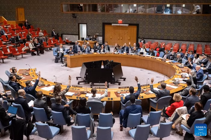 Representatives vote on a draft resolution during a Security Council meeting at the UN headquarters in New York, Oct. 31, 2025. The UN Security Council on Friday renewed the authorization of an EU-led stabilization force in Bosnia and Herzegovina for another 12 months. (Manuel Elias/UN Photo/Handout via Xinhua)