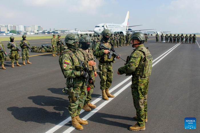 Members of the Ecuadorian Armed Forces arrive at a military airbase in Guayaquil, Ecuador, Jan. 16, 2026. The Government of Ecuador announced on Thursday a massive deployment of nearly 10,000 military personnel in the coastal provinces, as part of a new offensive phase against organized crime. (Photo: Xinhua)