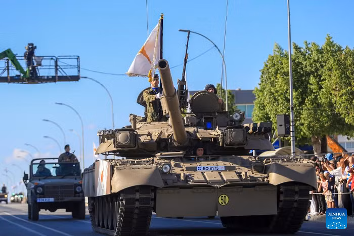 A military parade is held in celebration of the 65th anniversary of independence of Cyprus in Nicosia, Cyprus, Oct. 1, 2025. Cyprus on Wednesday marked the 65th anniversary of its independence with a military parade in Nicosia, highlighting national resilience and aspirations for reunification. (Photo: Xinhua)
