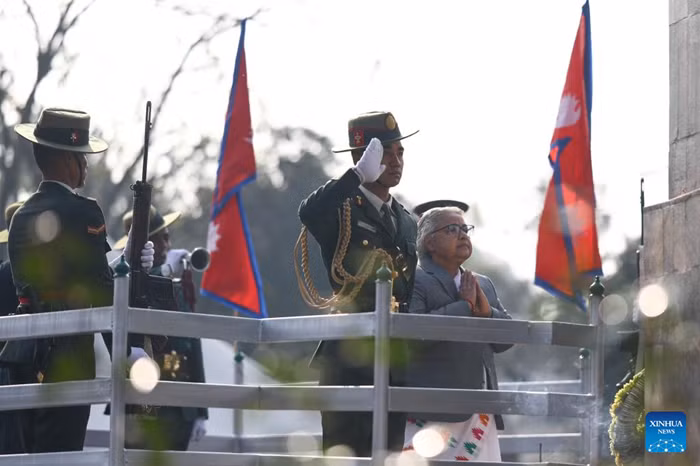 Nepalese Prime Minister Sushila Karki (1st, R) pays homage to martyrs on the occasion of Martyrs' Day at Martyrs Memorial Park in Kathmandu, Nepal, Jan. 30, 2026. (Photo: Xinhua)