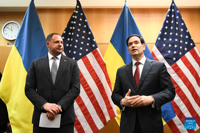 U.S. Secretary of State Marco Rubio (R) and Andriy Yermak, head of the Ukrainian Presidential Office, meet the press at the United States Mission to the United Nations and Other International Organizations in Geneva, Switzerland, Nov. 23, 2025. U.S. and Ukrainian representatives said on Sunday that their talks in Geneva on the 28-point plan to end the Russia-Ukraine conflict had "made progress," but details are unsettled as differences need to be narrowed down.