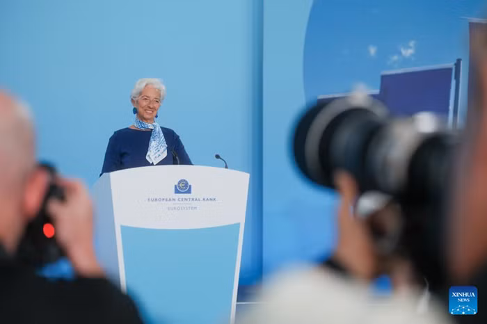 European Central Bank President Christine Lagarde attends a press conference in Frankfurt, Germany, on July 24, 2025. The European Central Bank (ECB) announced on Thursday that it will keep key interest rates unchanged at its latest rate-setting meeting. (ECB/Handout via Xinhua)