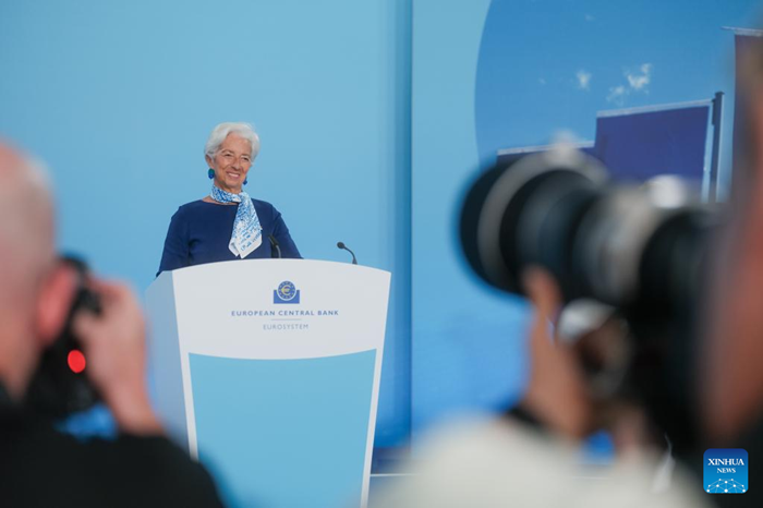 European Central Bank President Christine Lagarde attends a press conference in Frankfurt, Germany, on July 24, 2025. The European Central Bank (ECB) announced on Thursday that it will keep key interest rates unchanged at its latest rate-setting meeting. (ECB/Handout via Xinhua)