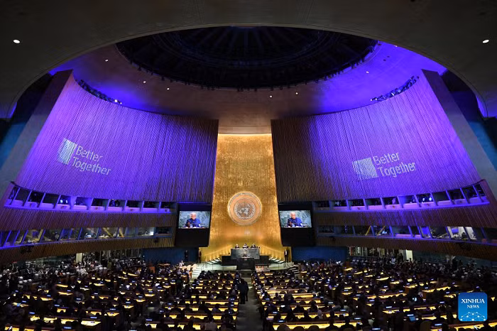 Photo shows a United Nations General Assembly special session to commemorate the 80th anniversary of the founding of the UN at its headquarters in New York, Sept. 22, 2025. World leaders urged a renewed commitment to multilateralism and the founding principles of the UN Charter at a special session at the General Assembly on Monday, marking the 80th anniversary of the United Nations. (Photo: Xinhua)