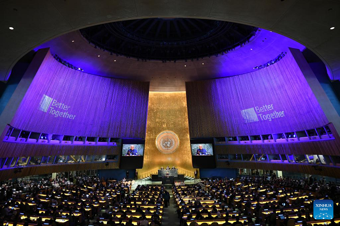Photo shows a United Nations General Assembly special session to commemorate the 80th anniversary of the founding of the UN at its headquarters in New York, Sept. 22, 2025. World leaders urged a renewed commitment to multilateralism and the founding principles of the UN Charter at a special session at the General Assembly on Monday, marking the 80th anniversary of the United Nations. (Photo: Xinhua)