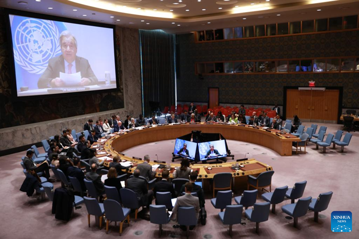 UN Secretary-General Antonio Guterres (on screens) speaks via a video link at an open debate of the Security Council on the future of the UN at the UN headquarters in New York, Oct. 24, 2025. Guterres called on the Security Council to channel the resources often spent on war to development and peace on Friday. (Photo: Xinhua)