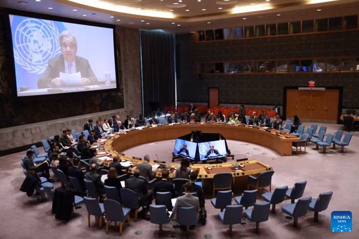 UN Secretary-General Antonio Guterres (on screens) speaks via a video link at an open debate of the Security Council on the future of the UN at the UN headquarters in New York, Oct. 24, 2025. Guterres called on the Security Council to channel the resources often spent on war to development and peace on Friday. (Photo: Xinhua)