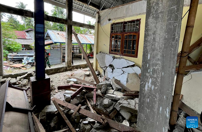 This photo taken with a mobile phone provided by Regional Disaster Management Agency (BPBD) Central Sulawesi shows a damaged building after an earthquake in Poso Regency, Central Sulawesi, Indonesia, on Aug. 17, 2025. A 6.0-magnitude earthquake struck Poso Regency in Central Sulawesi Province, Indonesia, early Sunday, injuring at least 29 people, the country's National Disaster Management Agency (BNPB) said in a statement. (BPBD Central Sulawesi/Handout via Xinhua)