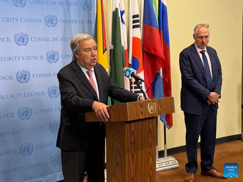 UN Secretary-General Antonio Guterres (L) speaks to the press outside the Security Council Chamber at the UN headquarters in New York, on June 27, 2025. Guterres on Friday called for a ceasefire in Gaza following the suspension of the 12-day war between Israel and Iran. (Photo: Xinhua)