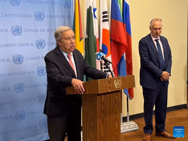 UN Secretary-General Antonio Guterres (L) speaks to the press outside the Security Council Chamber at the UN headquarters in New York, on June 27, 2025. Guterres on Friday called for a ceasefire in Gaza following the suspension of the 12-day war between Israel and Iran. (Photo: Xinhua)
