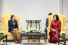 President of the Viet Nam Fatherland Front Central Committee Bui Thi Minh Hoai (R) and Vice President of the Cambodian People's Party and President of the National Council of the Solidarity Front for the Development of Cambodia Motherland Samdech Men Sam An at the meeting in Ha Noi on January 26 (Photo: VNA)