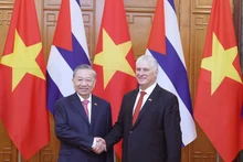 General Secretary of the Communist Party of Viet Nam Central Committee To Lam (L) and First Secretary of the Communist Party of Cuba Central Committee and President of Cuba Miguel Díaz-Canel Bermúdez pose for a photo. (Photo: VNA)