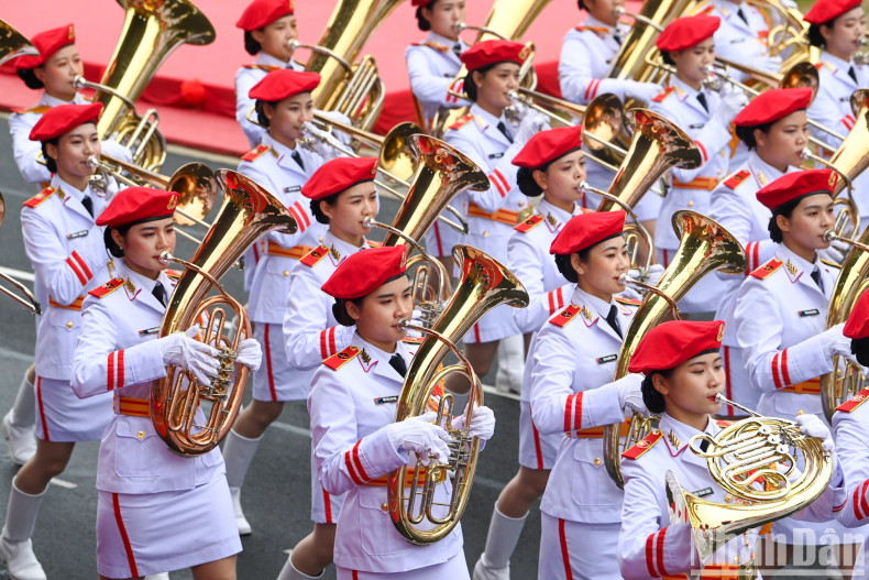 The formation of female military band members.