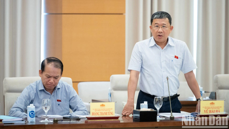 Chairman of the NA Committee for Foreign Affairs Vu Hai Ha speaks at the meeting.