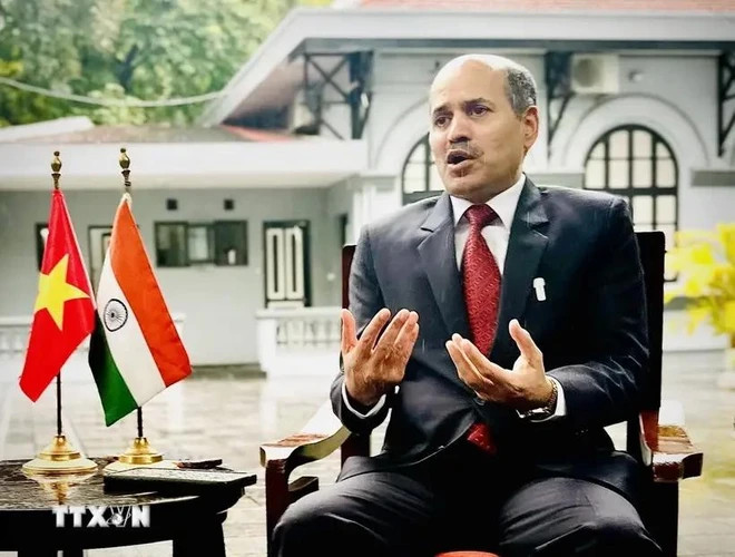 Indian Ambassador to Vietnam Sandeep Arya grants an interview to the press ahead of Prime Minister Pham Minh Chinh's state visit to India. (Photo: VNA) Indian Ambassador to Vietnam Sandeep Arya grants an interview to the press ahead of Prime Minister Pham Minh Chinh's state visit to India. (Photo: VNA)