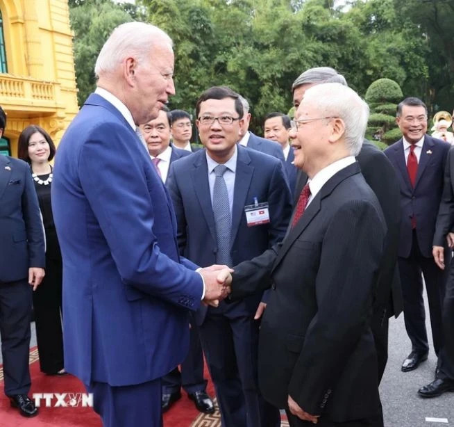 Party General Secretary Nguyen Phu Trong welcomes US President Joe Biden on his state visit to Vietnam on September 10-11, 2023.