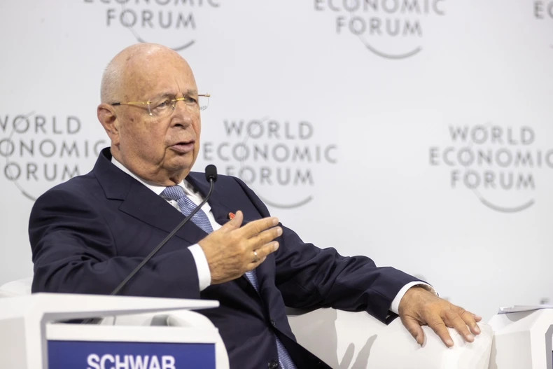 Founder and Executive Chairman of the WEF Klaus Schwab speaks at the plenary session.