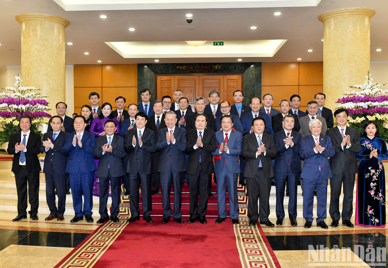 Party General Secretary To Lam, President Luong Cuong, National Assembly Chairman Tran Thanh Man, and other delegates attend the conference.