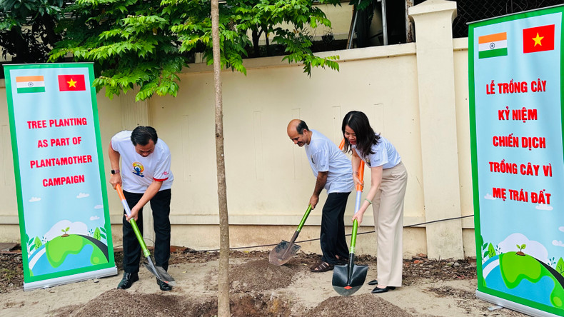 The delegates plant a tree in the campus of Quan Ngua Sports Palace. (Photo: KIM LINH)
