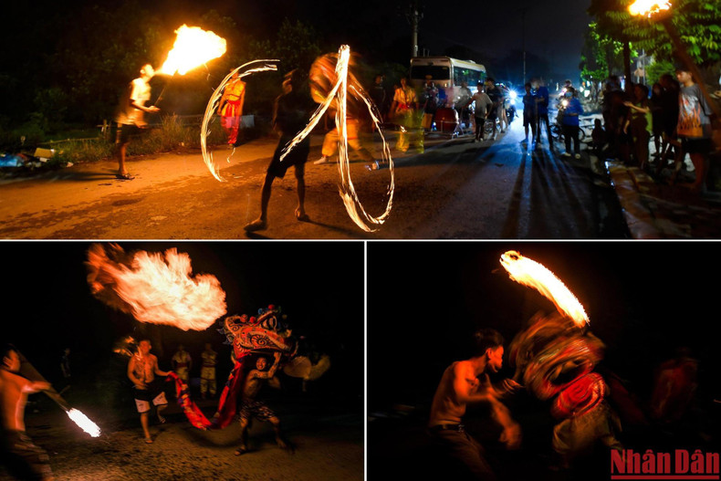 At night, the fire blowing performances give brilliance to Cao Ha Village. At night, the fire blowing performances give brilliance to Cao Ha Village.
