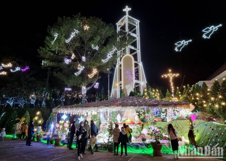 The churches in Da Lat are decorated with shimmering flower lights.