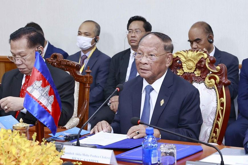 President of the National Assembly of Cambodia Samdech Heng Samrin at the talks. (Photo: VNA)