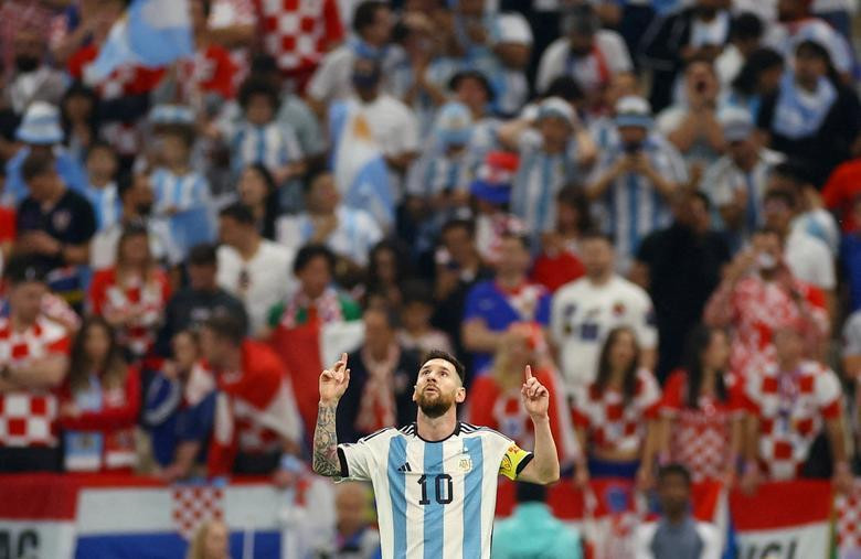 Argentina's Lionel Messi celebrates scoring their first goal. (Photo: REUTERS)