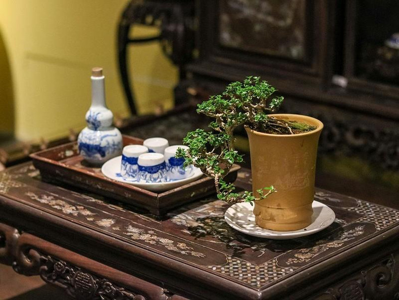 The tea table was decorated with a set of wooden trays and porcelain cups and a tree that is artistically bent, bringing a sense of sophistication and elegance.