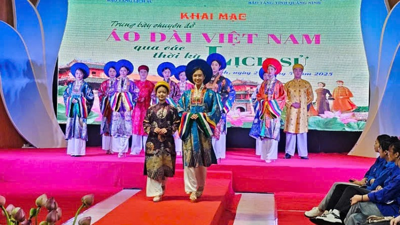 The designs of traditional Ao Dai are showcased at the exhibition.