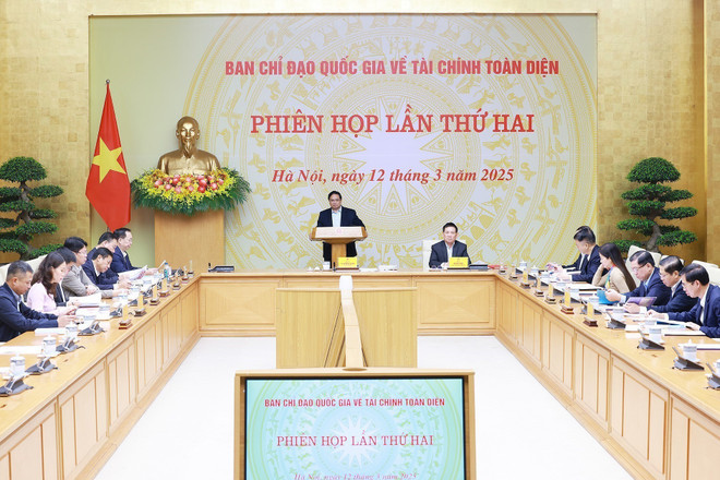 Prime Minister Pham Minh Chinh (C) chairs the second meeting of the National Steering Committee for Financial Inclusion in Hanoi on March 12. (Photo: VNA)