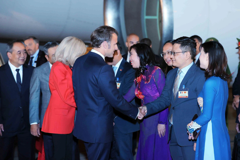 Vietnamese delegates welcome French President Emmanuel Macron and his spouse. (Photo: VNA)
